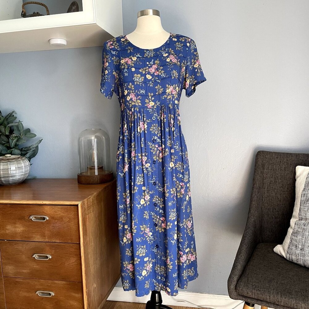 Vtg 90's Erika & Co. Floral Midi Dress Rayon Prairie Cottagecore